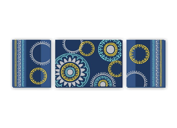 Trio de Telas Pintadas Henna Azul/Amarela