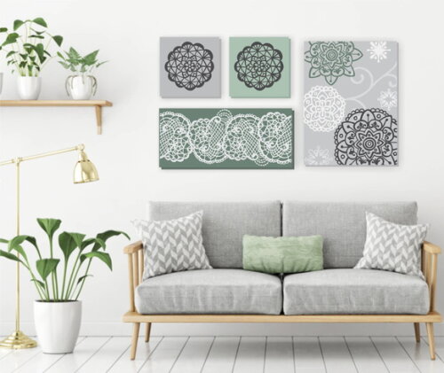Composição 4 Quadros Pintura em tela Cinza/Verde
