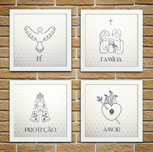 Composição de 4 Quadros com Moldura Fé - 23x23cm cada