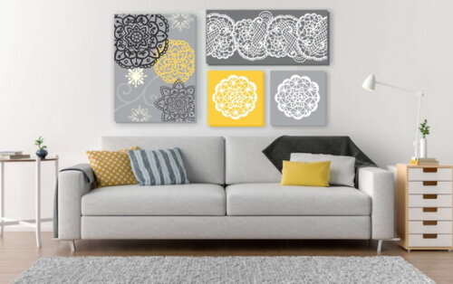 Composição de 4 Quadros pintura em tela Cinza/amarela