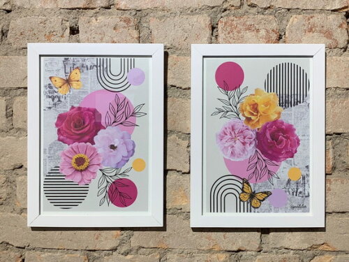 Par de Quadros com Moldura Colagem Floral Rosa 33x24cm