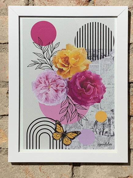 Quadro com Moldura Colagem Floral Rosa I 33x24cm