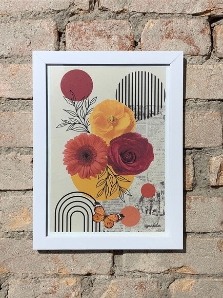 Quadro com Moldura Colagem Floral Laranja 33x24cm
