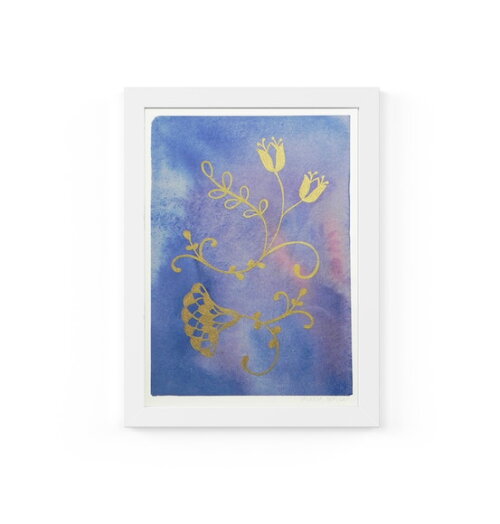 Quadro com Moldura Floral Azul Ouro 33x24cm