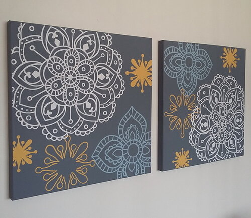 Quadro Pintura em par de Telas Floral Cinza 60X60 cm