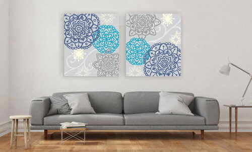 Quadro pintura em Par de Telas Mandala Cinza Azul 70x80cm