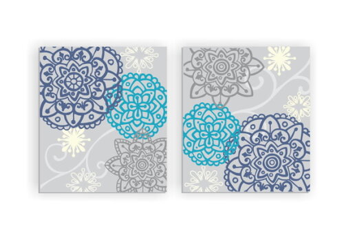 Quadro pintura em Par de Telas Mandala Cinza Azul 70x80cm
