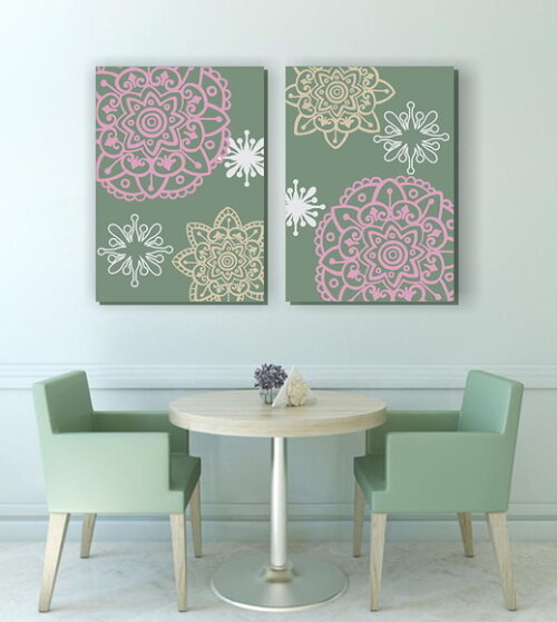 Quadro Pintura em Par de Telas Mandala Verde 50x70cm