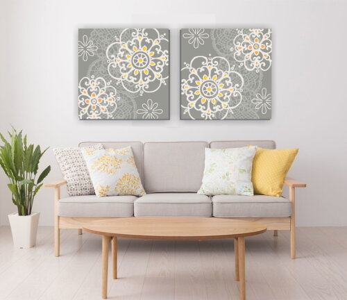 Quadro Pintura em Par de Telas Renda Floral 70x70cm