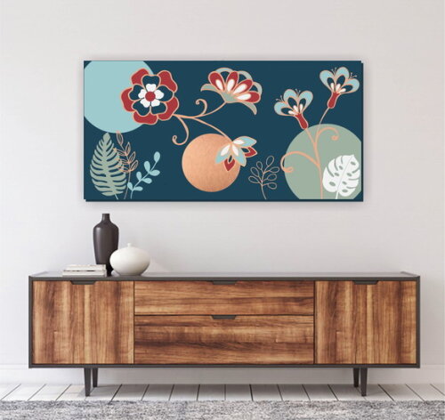 Quadro Pintura em Tela Floral azul bronze 100X50cm