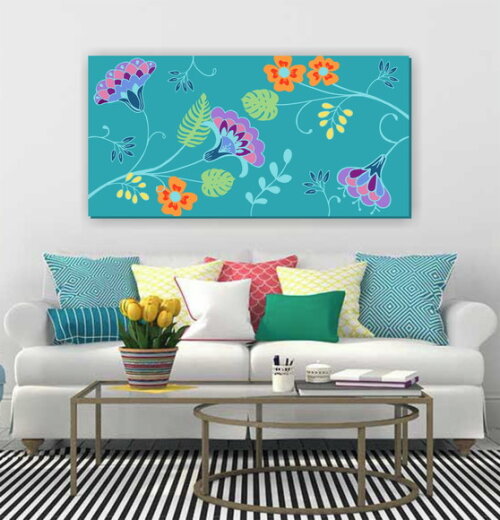 Quadro Pintura em Tela Floral Turquesa 100X50cm
