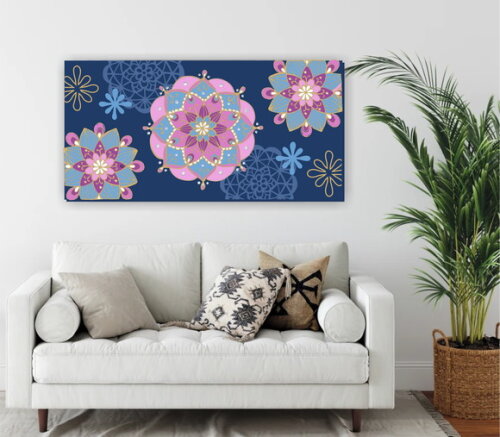 Quadro pintura em Tela Mandala Azul / Ouro120x60cm