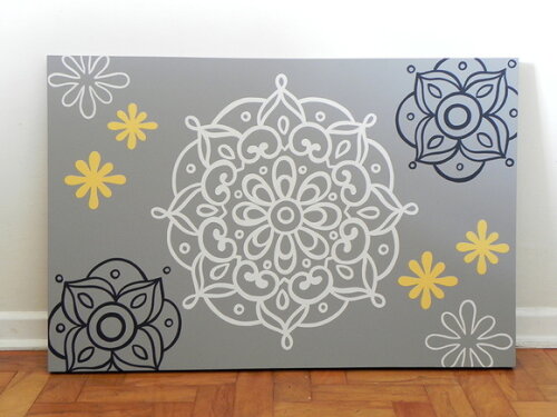 Quadro Pintura em Tela Mandala Cinza e Amarela 90X60cm