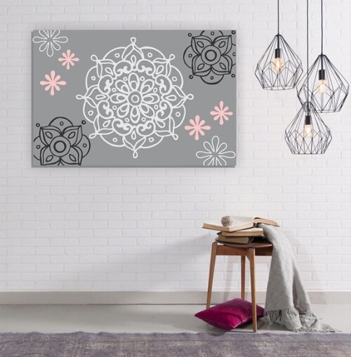 Quadro Pintura em Tela Mandala Cinza e Rosa 90X60cm