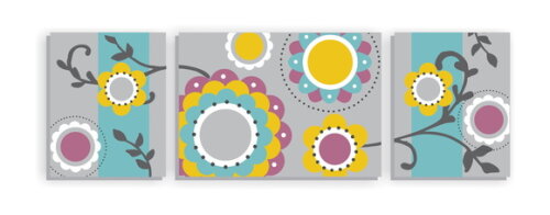 Quadro Pintura em Trio de Telas Floral Cinza Amarela