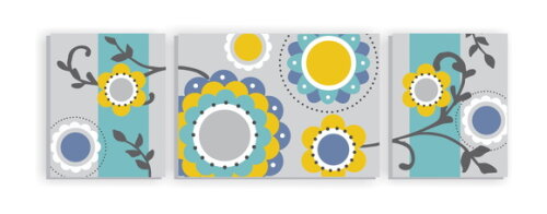Quadro Pintura em Trio de Telas Floral Cinza/Amarela/Azul