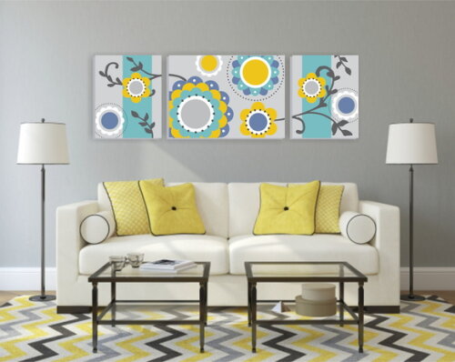 Quadro Pintura em Trio de Telas Floral Cinza/Amarela/Azul