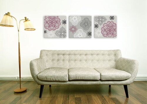 Quadro pintura em Trio de Telas Mandala Cinza/Roxa 60X60m