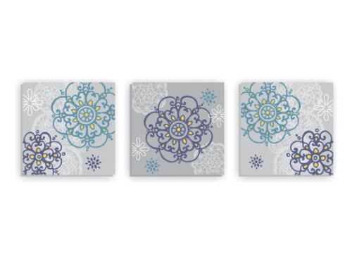 Quadro Pintura em Trio de Telas Renda Floral cinza 60X60cm