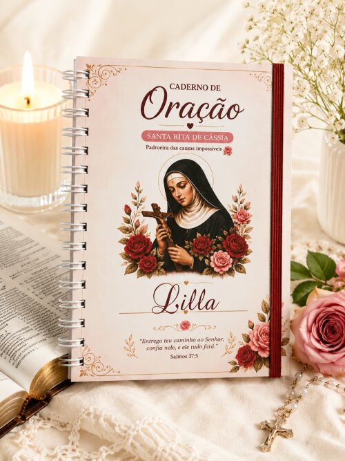 Caderno Santa Rita de Cássia A5 com nome + marca páginas