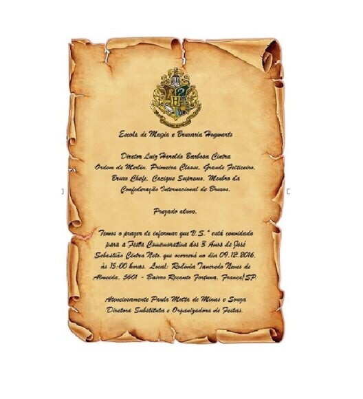 Arquivo de Corte Convite Pergaminho Harry Potter