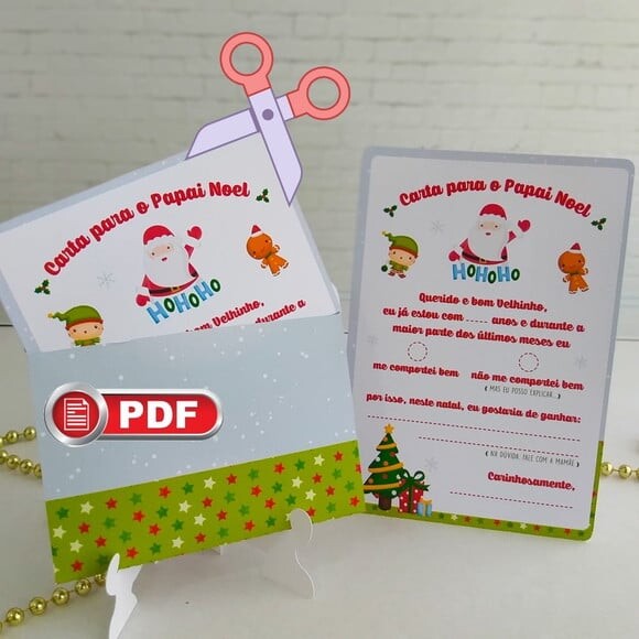 Arquivo pdf Cartinha Papai Noel Natal Crianças Corte Tesoura