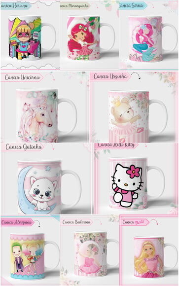 Kit 10 Estampas para Canecas Meninas pdf Png