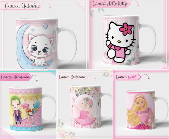 Kit 10 Estampas para Canecas Meninas pdf Png
