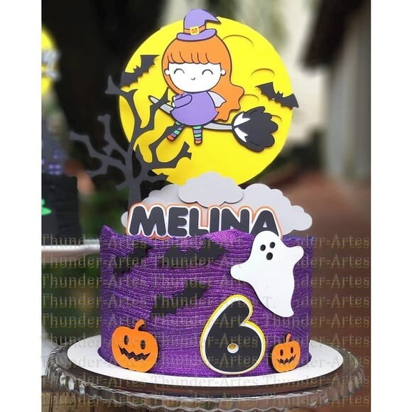 Topo de Bolo Camadas Bruxinha Cute Halloween Arquivo