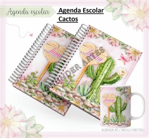 Arquivo de Corte Etiqueta Escolar Agenda Cactos