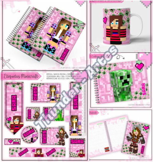 Arquivo de Corte Etiquetas Agenda Escolar Minecraft Menina