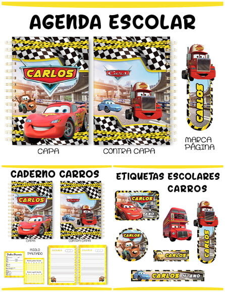 Arquivo de Corte Etiquetas e Agenda Escolar Carros
