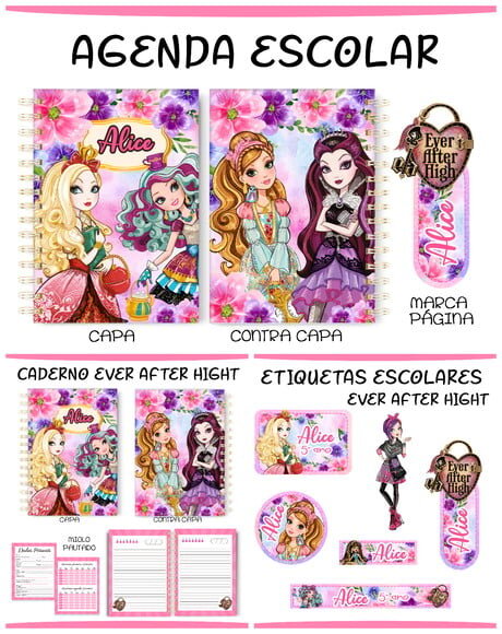 Arquivo de Corte Etiquetas e Agenda Escolar Ever After Hight