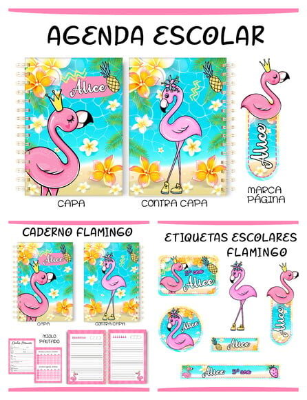 Arquivo de Corte Etiquetas e Agenda Escolar Flamingo