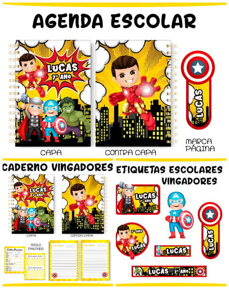 Arquivo de Corte Etiquetas e Agenda Escolar Vingadores