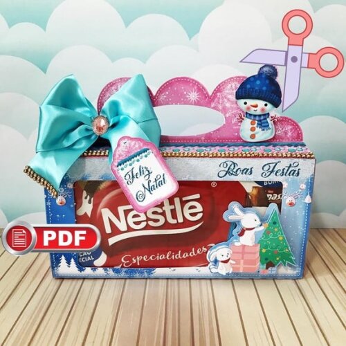 Arquivo pdf Caixa Chocolate 300g Alça Natal Corte Tesoura