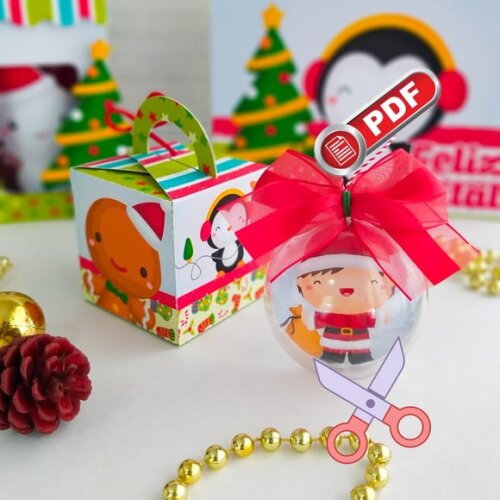 Arquivo pdf Caixa Esfera 7cm Natal Crianças Corte Tesoura