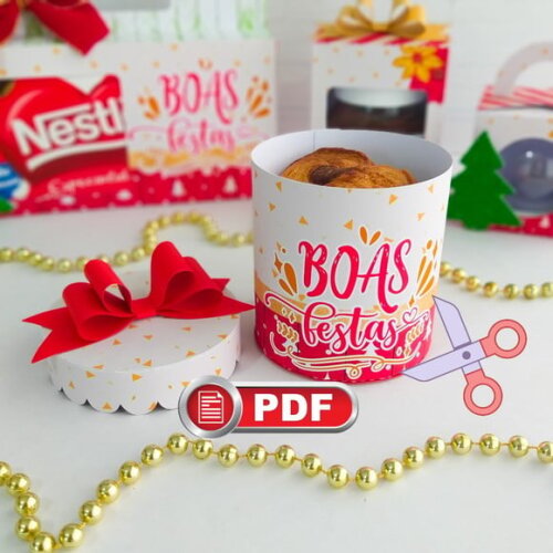 Arquivo pdf Caixa Mini Panettone 80g Boas Festas Tesoura