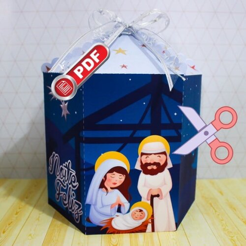 Arquivo pdf Caixa Panetone 500g Natal Azul Corte Tesoura