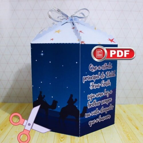 Arquivo pdf Caixa Panetone 500g Natal Azul Corte Tesoura
