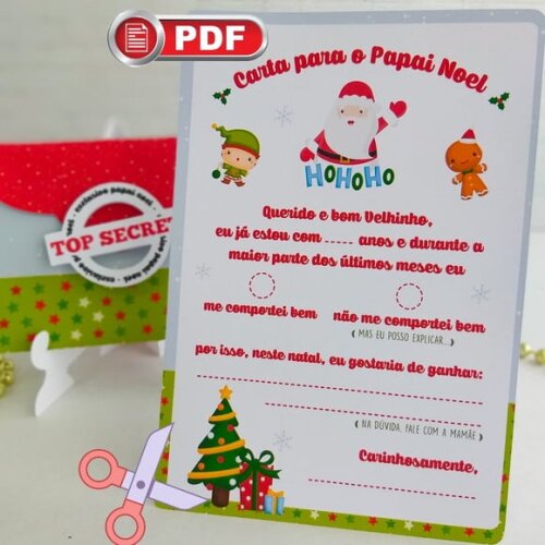 Arquivo pdf Cartinha Papai Noel Natal Crianças Corte Tesoura