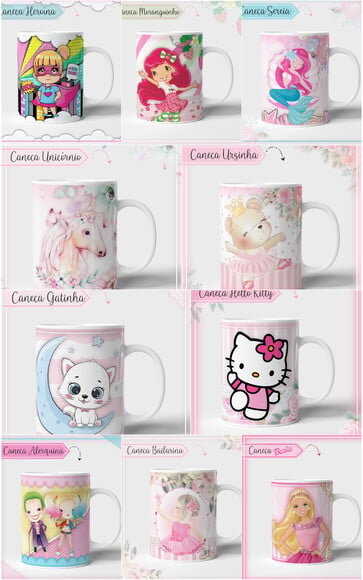 Kit 10 Estampas para Canecas Meninas pdf Png