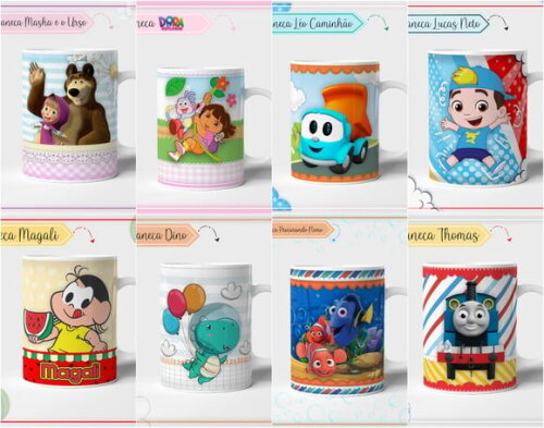 Kit 08 Estampas para Canecas Infantil pdf Png