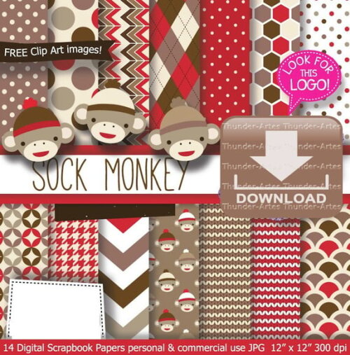Kit Papel Digital Scrapbook Sock Monkey