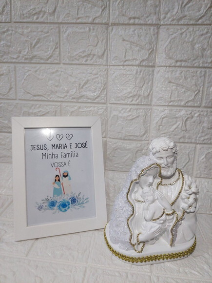 Sagrada Família Branca 20 cm com Quadro Moldura Branca