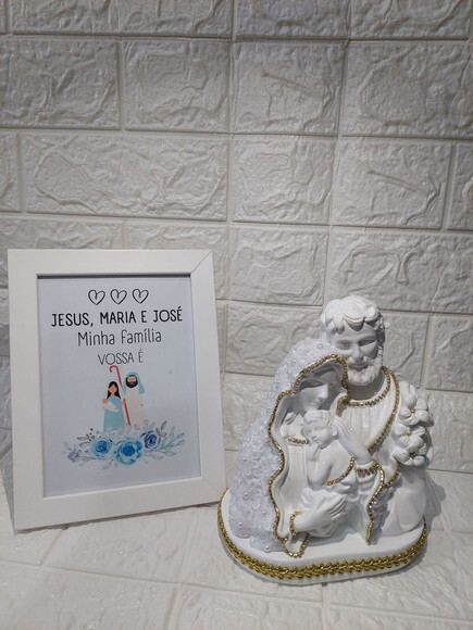 Sagrada Família Branca 20 cm com Quadro Moldura Branca