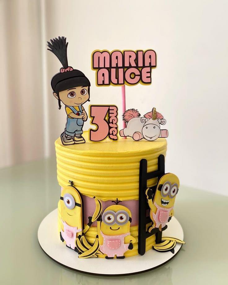 Topo de Bolo Agnes e Minions Rosa