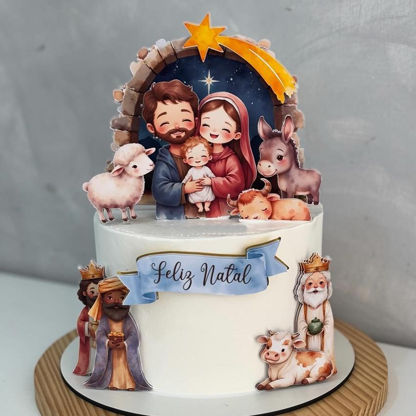 Topo de Bolo sagrada família natal aquarela