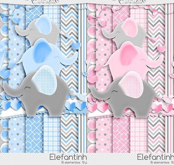 Kit Digital Combo Elefantinho Chevron Rosa e Azul