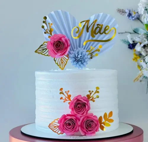 Topo de Bolo dia das mães folhas plissada